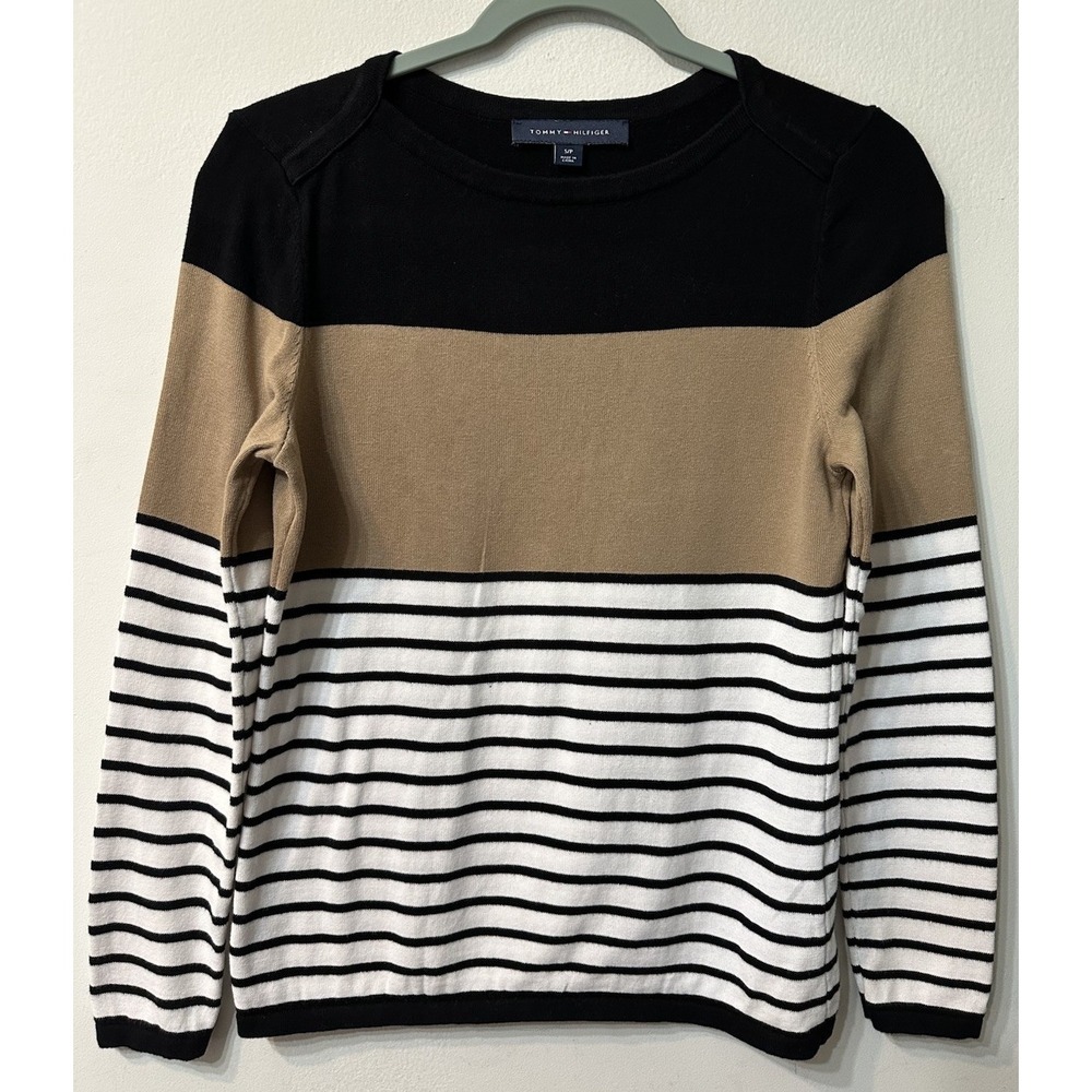 Tommy Hilfiger Sweater Women Small Colorblock Striped Crewneck Knit 100% Cotton